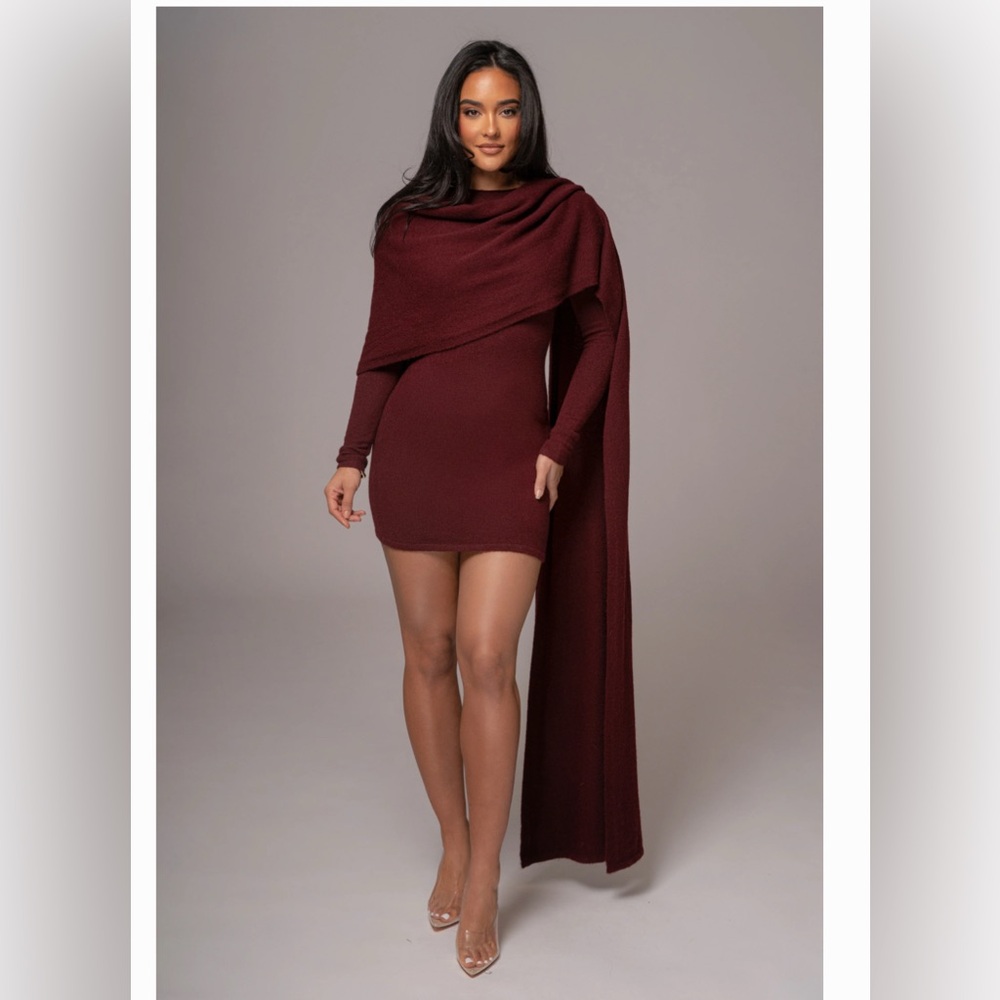 Burgundy Scarf Draped Mini Dress